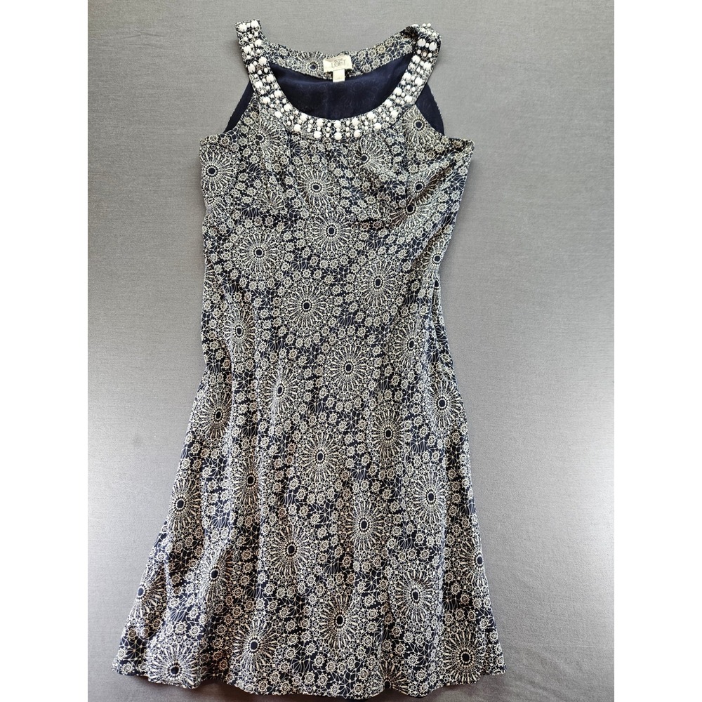 Ann Taylor LOFT Navy White Medallion Print Pearl Beaded Neck Shift Dress Size 10